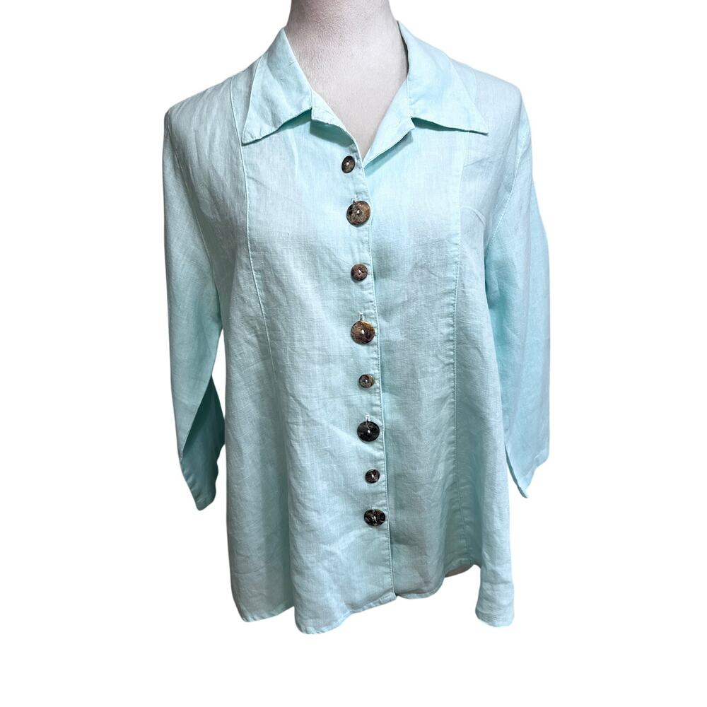 Linen Button Front Top S Mint Green Boho Coastal Lagenlook CLICK Color Me Cotton